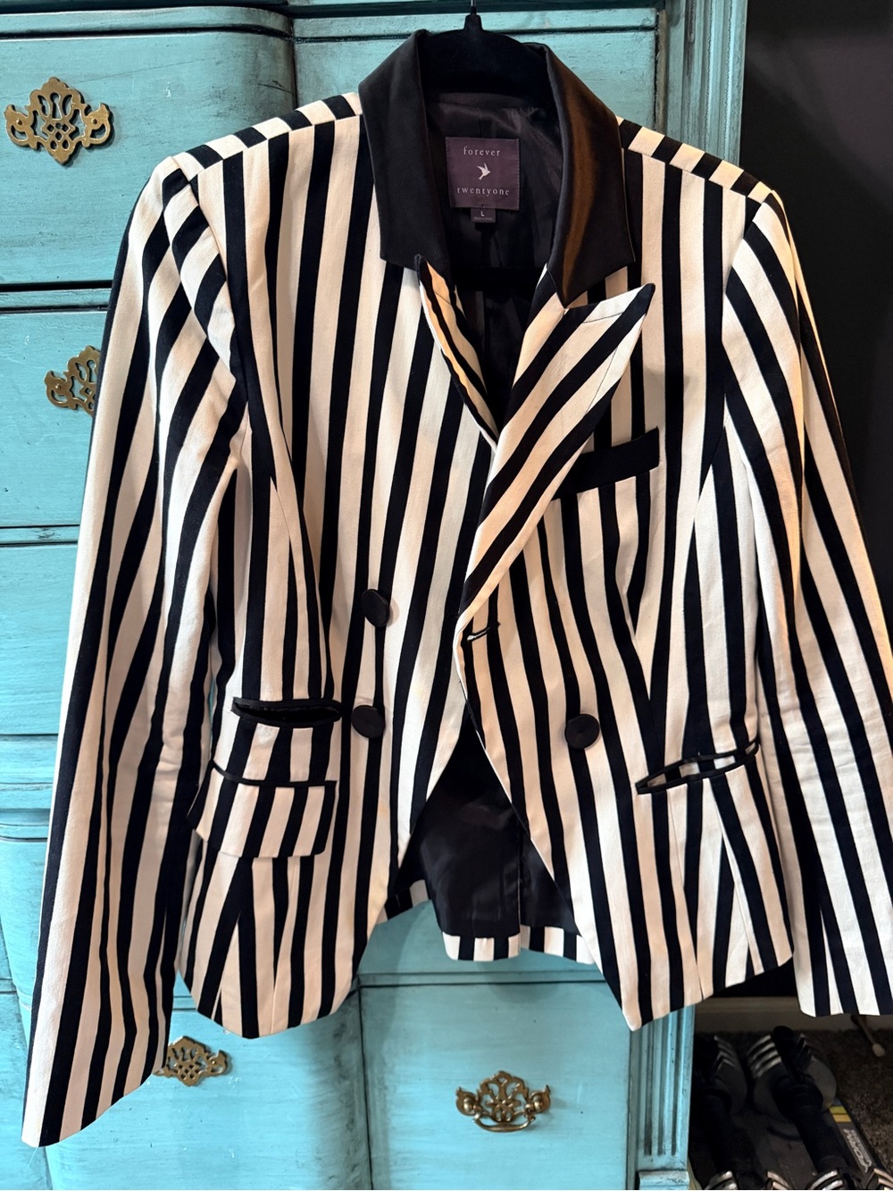 Forever 21 Black & White Vertical Stripe Double-Breasted Blazer